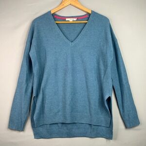 Boden V Neck  Blue Wool-Blend Long Sleeve Relaxed Fit Casual Pullover Sweater